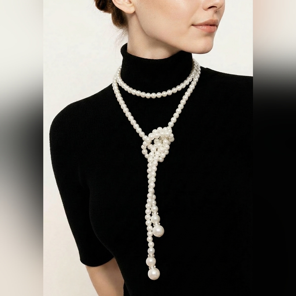 Long Pearl Lariat Necklace Boho Tassel Rhinestone Single Strand 48" Jewelry NWT